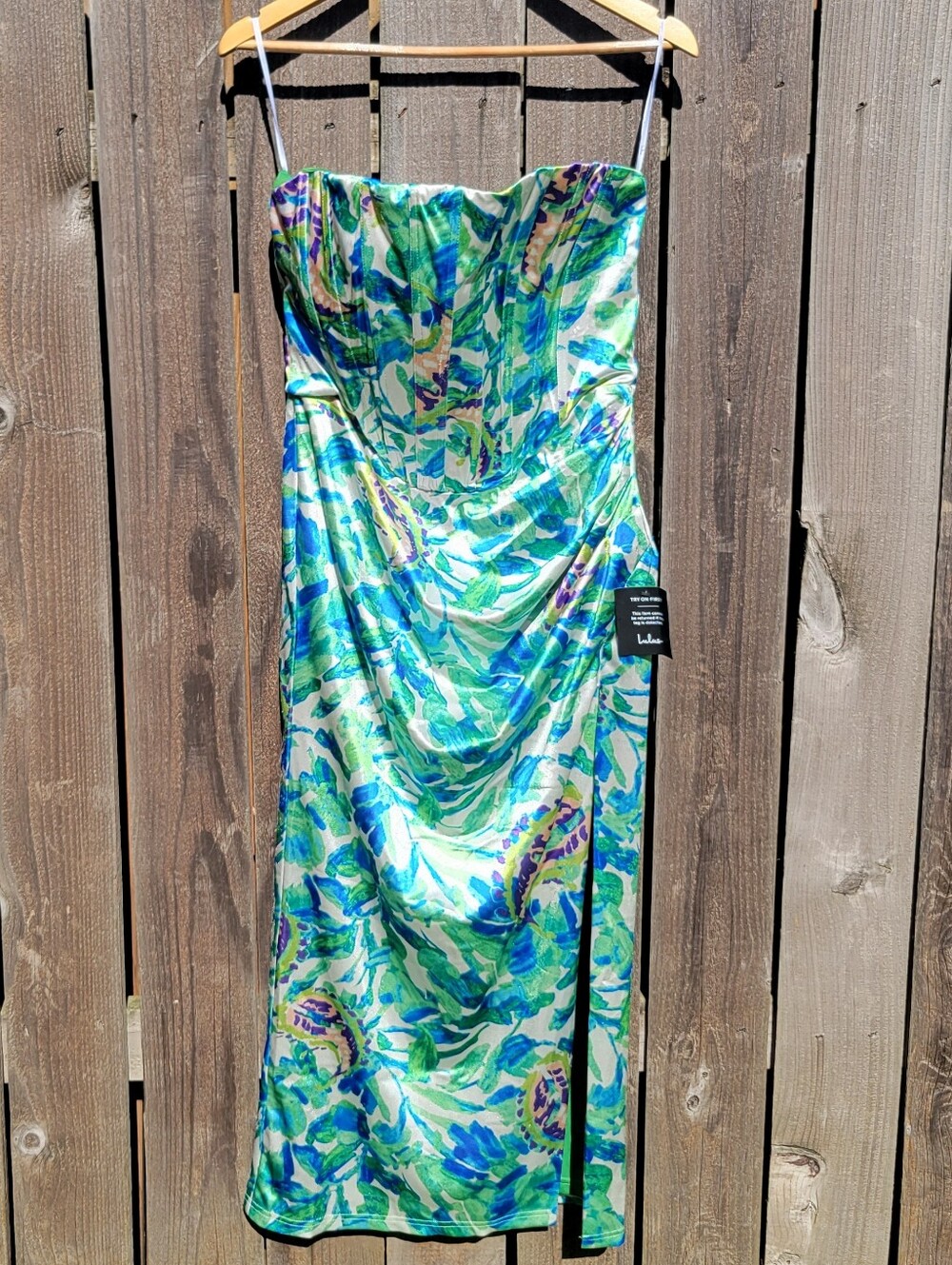 Lulu's Strapless Midi Dress in Green, Blue, Purple Print